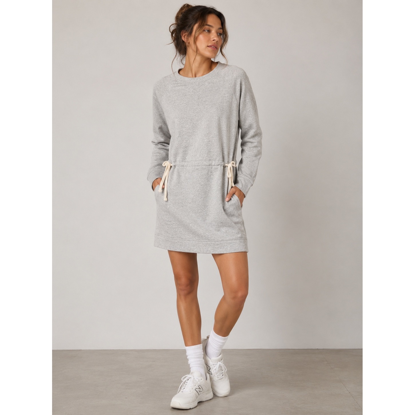 Athleta Heathered Grey French Terry Drawstring Waist Sweatshirt Dress Small |Q1